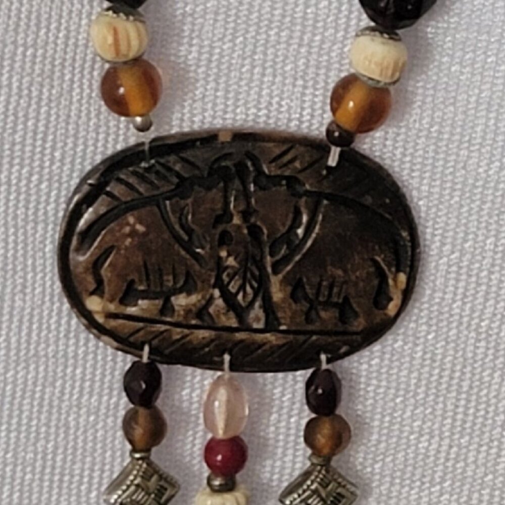 Vintage Multi‑Strand Beaded Necklace Stone Carved Pendant Wood Beads 17" - Picture 10 of 12